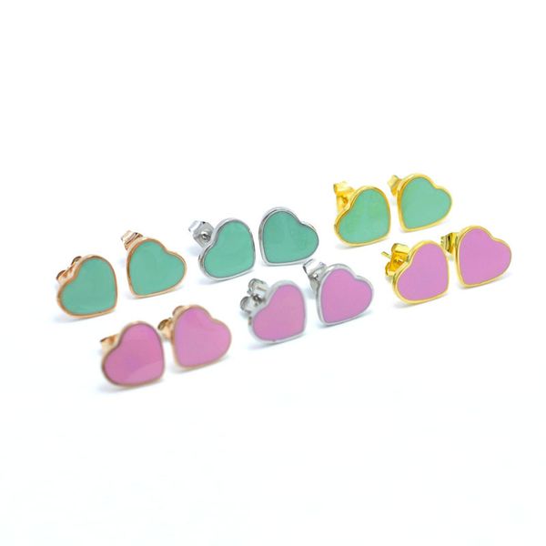 classic brand pink green heart shaped titanium stainless steel gold silver stud earrings for women jewelry, Golden;silver