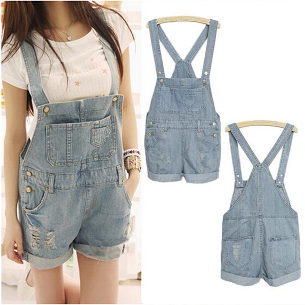 

wholesale-eas 2016 fashion girl denim rompers strap pockets frayed ripped holes overalls rompers womens jumpsuit shorts jeans light blue, Black;white