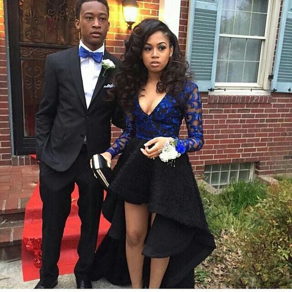 2k17 deep v neck high low prom dresses royal blue illusion long sleeve zipper back evening gowns lace applique formal party dresses, Black
2k17 deep v neck high low prom dresses royal blue illusion long sleeve zipper back evening gowns lace applique formal party dresses, Black