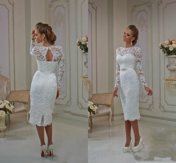 2017 summer bateau sheat tea length wedding dresses lace long sleeves illusion beach lace up split back keyhole backless bridal gowns, White
2017 summer bateau sheat tea length wedding dresses lace long sleeves illusion beach lace up split back keyhole backless bridal gowns, White