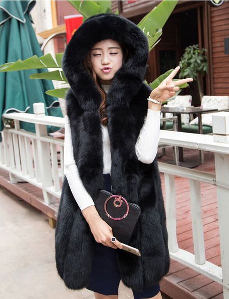 high imitation fox fur fur fashion vertical striped hooded fur vest women long section invisible pocket, Black
high imitation fox fur fur fashion vertical striped hooded fur vest women long section invisible pocket, Black