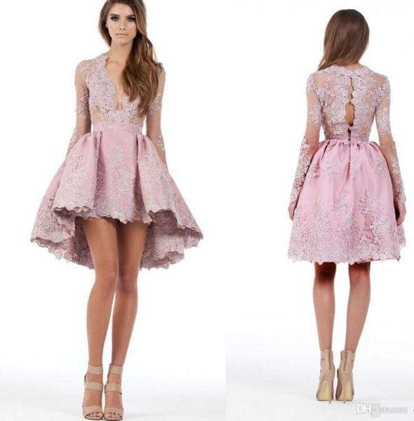 2016 sheer long sleeves a line high low cocktail dresses plunging neckline lace applique homecoming gowns short mini prom dresses custom, Black
2016 sheer long sleeves a line high low cocktail dresses plunging neckline lace applique homecoming gowns short mini prom dresses custom, Black