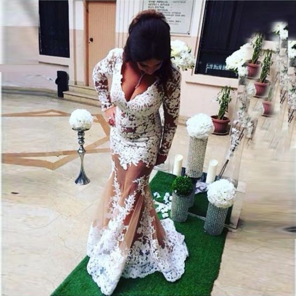 white lace long sleeve plus size prom dresses 2017 v neck see through mermaid evening gowns custom made formal party dresses, Black
white lace long sleeve plus size prom dresses 2017 v neck see through mermaid evening gowns custom made formal party dresses, Black
