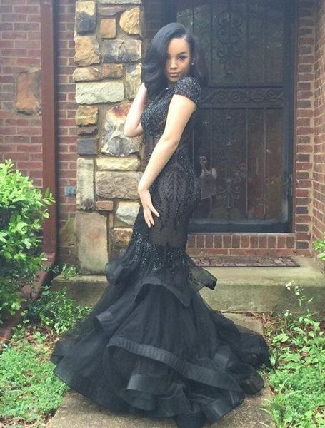 2017 side split prom dresses mermaid with short sleeves appliques beads evening gowns black tulle formal dresses for women, Black;red
2017 side split prom dresses mermaid with short sleeves appliques beads evening gowns black tulle formal dresses for women, Black;red