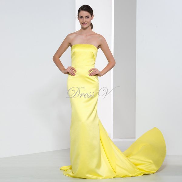 2019 Sexy Long Yellow Satin Evening Dresses Mermaid Style Strapless Celebrity Dresses Elegant Soical Gowns Prom Dress Robe de soiree