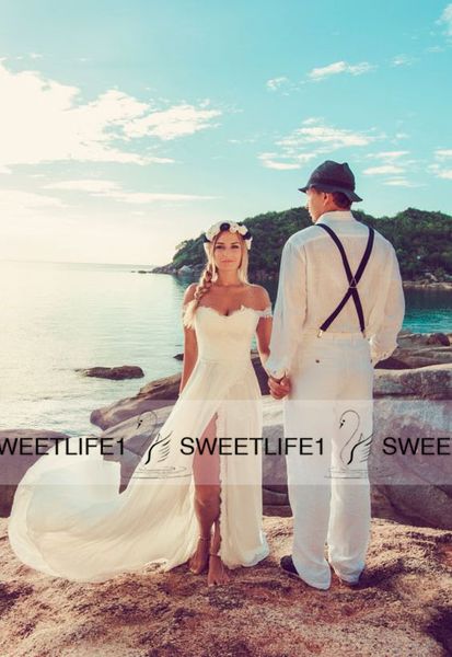2019 off the shoulder beach wedding dresses lace bodice with slit chiffon skirt customized summer bridal gowns with court train, White
2019 off the shoulder beach wedding dresses lace bodice with slit chiffon skirt customized summer bridal gowns with court train, White