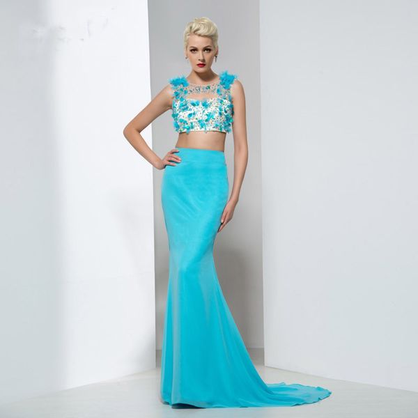 2019 Ice Blue Two Piece Mermaid Evening Dresses Chiffon Prom Gowns Sheer Scoop Neck Beaded Sequins Sexy Backless Formal Dress Custom Made
2019 Ice Blue Two Piece Mermaid Evening Dresses Chiffon Prom Gowns Sheer Scoop Neck Beaded Sequins Sexy Backless Formal Dress Custom Made