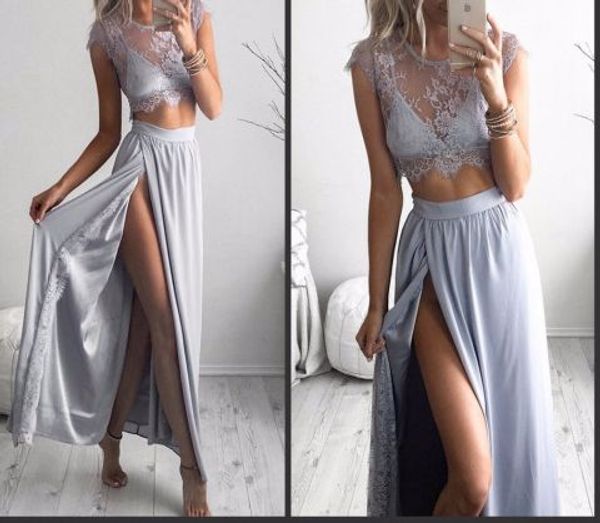 two pieces lavendar prom dresses lace crop side split skirt capped sleeve slit graduation party dress evening gowns vestidos de, Black
two pieces lavendar prom dresses lace crop side split skirt capped sleeve slit graduation party dress evening gowns vestidos de, Black
