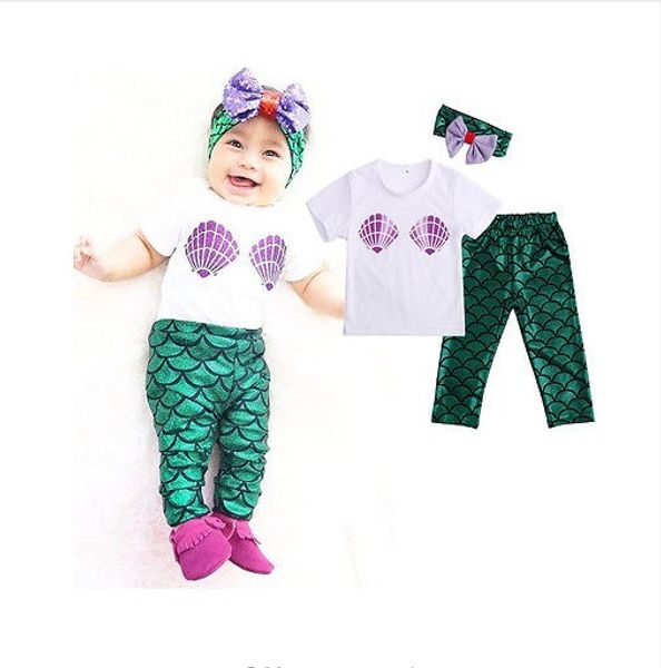 

2016 Summer Baby Girl 3pcs Clothing Sets Infant Short Sleeve T-shirt Tops + Mermaid Long Pants +hair Band Toddler Outfits Kids Suit for 0-2Y, As picture
