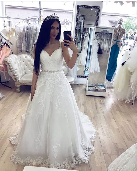 spaghetti straps a-line lace wedding dresses beaded waist appliques wedding gowns elegant country bride dresses robe de mariee, White
spaghetti straps a-line lace wedding dresses beaded waist appliques wedding gowns elegant country bride dresses robe de mariee, White