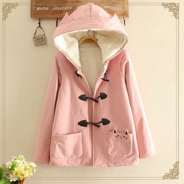 wholesale- mori girl outwear 2016 winter new women cute cat embroidery pocket horn button coat long sleeve hooded plus velvet cotton jacket, Black;brown
wholesale- mori girl outwear 2016 winter new women cute cat embroidery pocket horn button coat long sleeve hooded plus velvet cotton jacket, Black;brown
