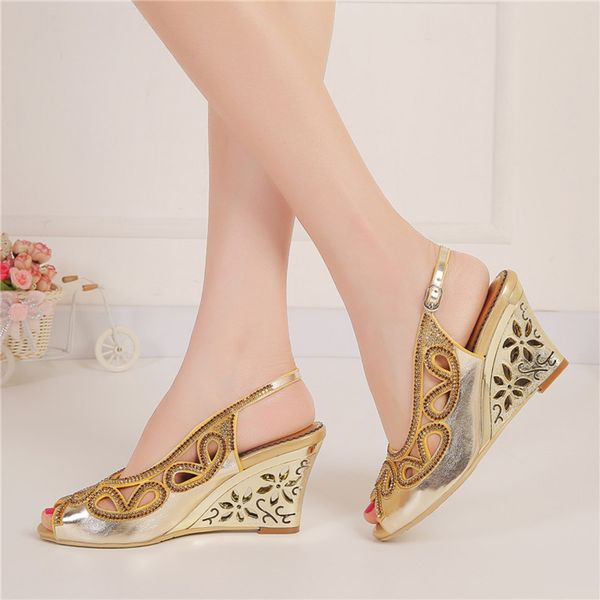 3 inches wedge heel summer sandals peep toe rhinestone wedding bridal shoes gold crystal slingback high heel party prom shoes, Black
3 inches wedge heel summer sandals peep toe rhinestone wedding bridal shoes gold crystal slingback high heel party prom shoes, Black