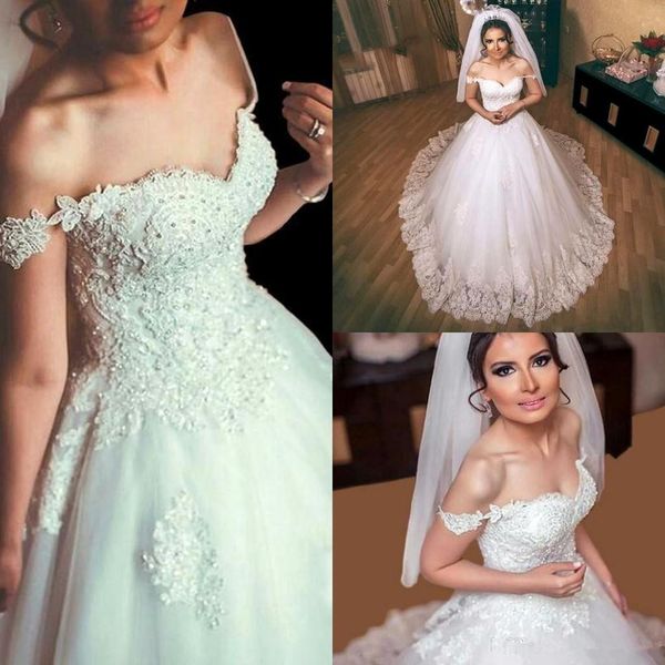 2017 arabic a line wedding dresses sweetheart off shoulder cap sleeves lace appliques beaded tulle court train plus size formal bridal gowns, White
2017 arabic a line wedding dresses sweetheart off shoulder cap sleeves lace appliques beaded tulle court train plus size formal bridal gowns, White