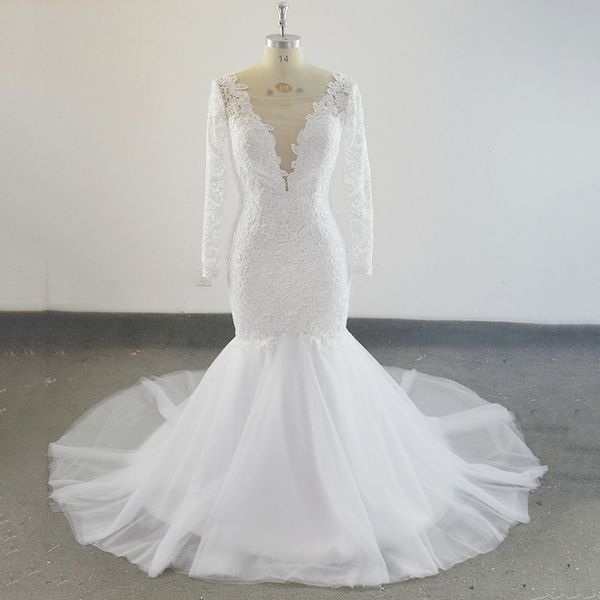 real sample lace mermaid wedding dress with long sleeves appliques sweep train robe de mariee bridal wedding gowns plus size, White
real sample lace mermaid wedding dress with long sleeves appliques sweep train robe de mariee bridal wedding gowns plus size, White