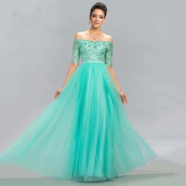 2019 Mint Green Tulle Long Evening Dress Sexy A-Line Off The Shoulder Lace Half Sleeves beading Floor Length Prom Dress Robe de soiree Cheap
2019 Mint Green Tulle Long Evening Dress Sexy A-Line Off The Shoulder Lace Half Sleeves beading Floor Length Prom Dress Robe de soiree Cheap