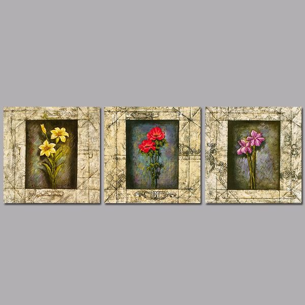 stone pattern red purple yellow flowers decoration 3pcs/set wall art picture oil canvas painting for living room unframed