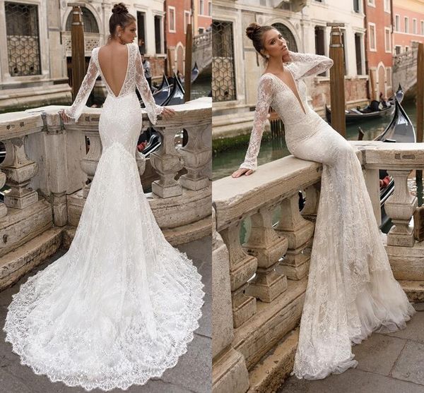 berta 2018 full lace wedding dresses sheer long sleeves plunging v neck backless mermaid bridal gowns vintage wedding wear, White
berta 2018 full lace wedding dresses sheer long sleeves plunging v neck backless mermaid bridal gowns vintage wedding wear, White