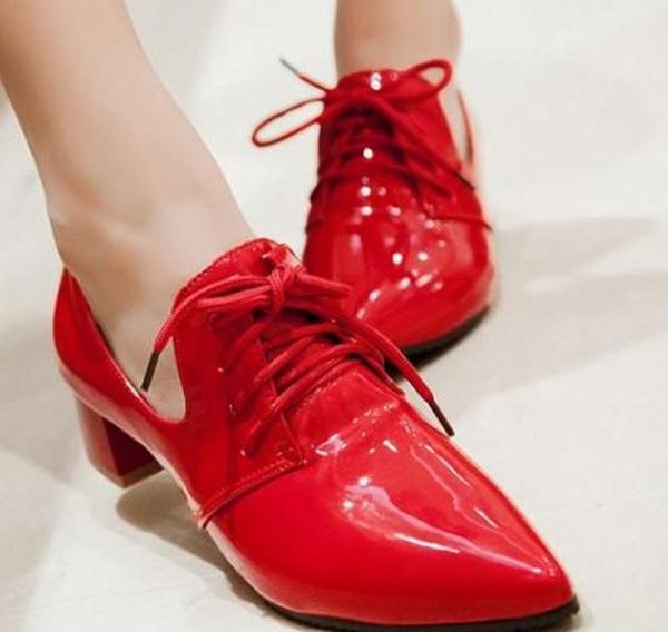 in 2015 big red patent leather shoes with a british style thick with low band deep, Black