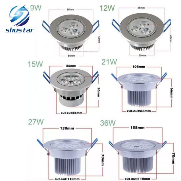 

Супер яркий 36W 27W 21W 15W 12W 9W CREE Светодиодные потолочные светильники Resessed лампы переменного тока 85-265 в Затемняемый светодиодные вниз огни теплый/чистый/холодный белый + драйверы