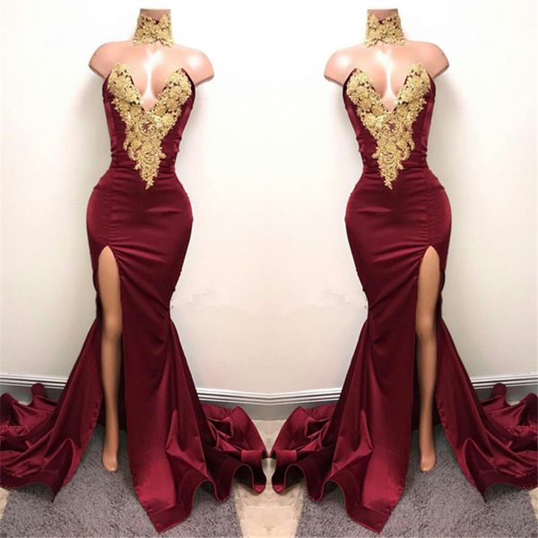 gold lace appliques mermaid high neck front split prom dress burgundy elastic satin evening dress vestido curto, Black
gold lace appliques mermaid high neck front split prom dress burgundy elastic satin evening dress vestido curto, Black