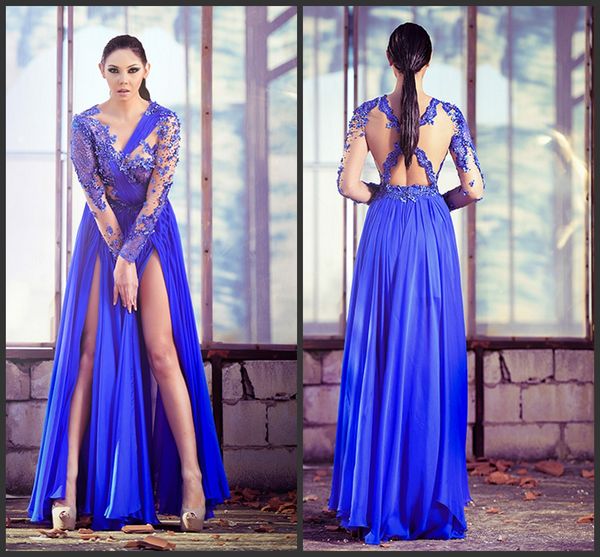 2021 a line sheer royal blue lace applique long sleeve chiffon african party prom dresses, Black
2021 a line sheer royal blue lace applique long sleeve chiffon african party prom dresses, Black