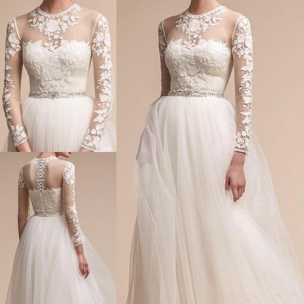bhldn long sleeve wedding dresses crystal sash lace appliqued beach bridal dress sweep train sheer illusion wedding gown, White
bhldn long sleeve wedding dresses crystal sash lace appliqued beach bridal dress sweep train sheer illusion wedding gown, White