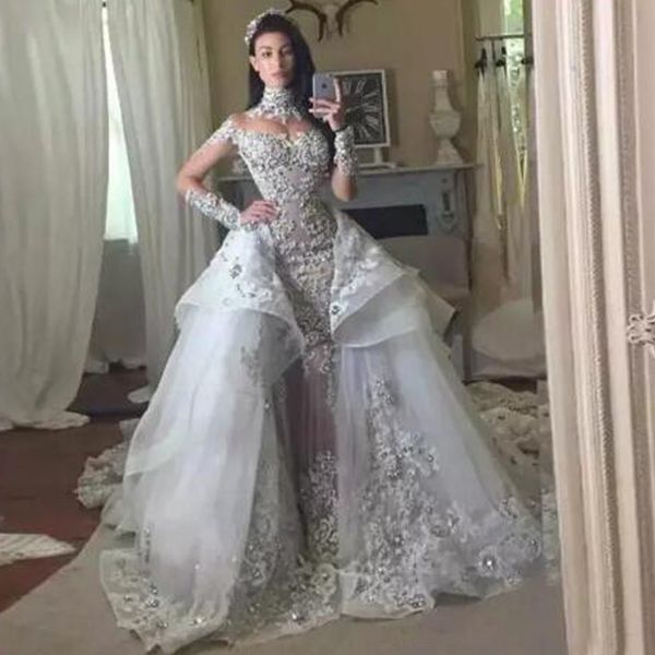 sparkly luxury съемное свадебное платье арабский русалка иллюзия с высоким вырезом и длинными рукавами из бисера кристаллы кружева аппликаци, White
sparkly luxury съемное свадебное платье арабский русалка иллюзия с высоким вырезом и длинными рукавами из бисера кристаллы кружева аппликаци, White