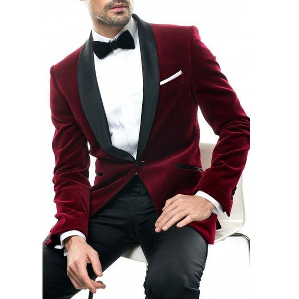 

burgundy men suits black shawl lapel blazer one button trim fit two piece wedding groom tuxedos (pants + jacket, Black;gray