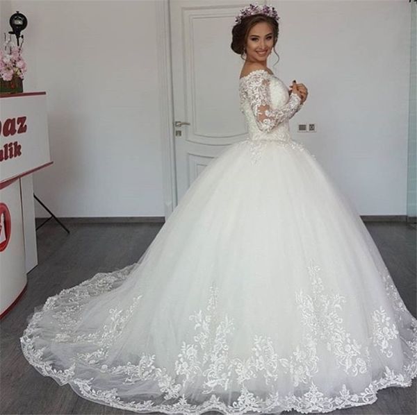 elegant ball gown off the shoulder wedding dresses vestidos de novia modest long sleeve appliqued tulle bride dress, White
elegant ball gown off the shoulder wedding dresses vestidos de novia modest long sleeve appliqued tulle bride dress, White