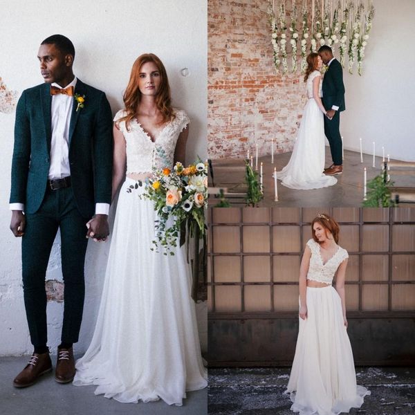 two pieces country wedding dresses a line chiffon skirt with lace capped sleeves bohemian wedding gowns 2016 bridal dresses, White
two pieces country wedding dresses a line chiffon skirt with lace capped sleeves bohemian wedding gowns 2016 bridal dresses, White