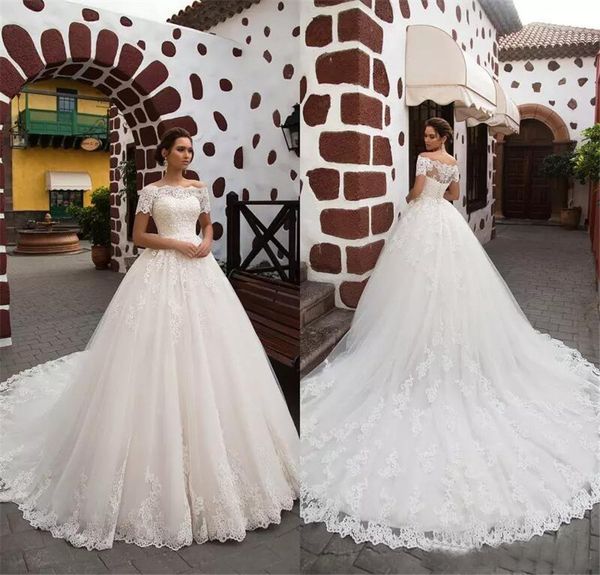romantic princess short sleeves off the shoulderbride gown glamorous lace appliques chapel train a-line wedding dresses robe de mariage, White
romantic princess short sleeves off the shoulderbride gown glamorous lace appliques chapel train a-line wedding dresses robe de mariage, White