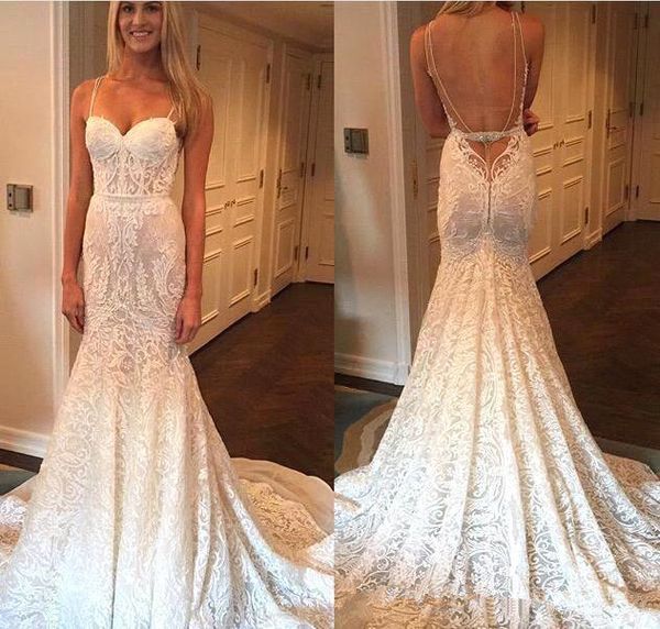 

full lace mermaid wedding dresses backless spaghetti straps sweetheart bridal gowns custom made vestidos de novia ba6867, White