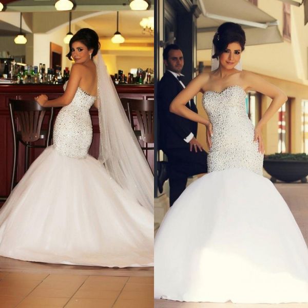 luxury beaded crystals fit and flare wedding dress arabic mermaid sweetheart neckline sleeveless trumpet bridal gowns vestidos de novia, White
luxury beaded crystals fit and flare wedding dress arabic mermaid sweetheart neckline sleeveless trumpet bridal gowns vestidos de novia, White