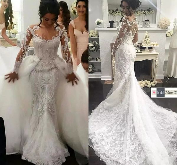 2018 designer luxury middle east mermaid wedding dresses sheer long sleeves lace bridal gowns detachable overskirts wedding gowns, White;pink
2018 designer luxury middle east mermaid wedding dresses sheer long sleeves lace bridal gowns detachable overskirts wedding gowns, White;pink