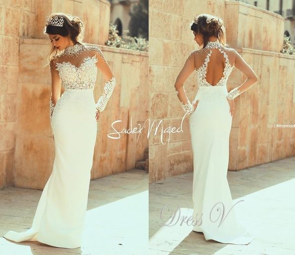 2019 Muslim Sheath Lace Wedding Dresses with Long Sleeves Beaded Lace See Through Bodice Backless High Collar Arabic Bridal Gowns
2019 Muslim Sheath Lace Wedding Dresses with Long Sleeves Beaded Lace See Through Bodice Backless High Collar Arabic Bridal Gowns