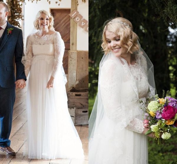 long sleeve pregnant maternity wedding dresses bateau neck empire waist lace tulle long bridal gowns custom size, White
long sleeve pregnant maternity wedding dresses bateau neck empire waist lace tulle long bridal gowns custom size, White