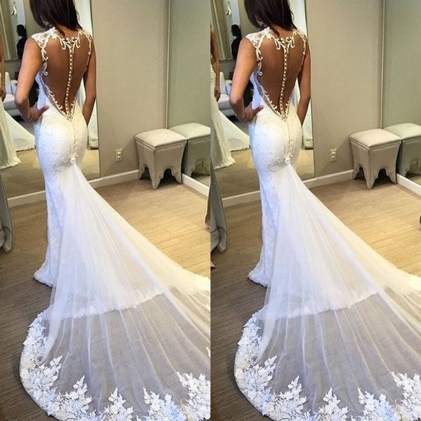 elegant mermaid wedding dress plunging neck sleeveless lace appliques embroidery sheer back attached train bridal gowns, White
elegant mermaid wedding dress plunging neck sleeveless lace appliques embroidery sheer back attached train bridal gowns, White