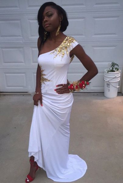 Sexy Backless Mermaid White Chiffon Prom Dresses With Gold Crystals 2019 One Shoulder Graduation Party Dress Evening Gowns free shippng