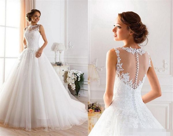 2019 elegant crew neck a line wedding dresses appliques back cover button sweep train bridal gown chic rustic wedding, White
2019 elegant crew neck a line wedding dresses appliques back cover button sweep train bridal gown chic rustic wedding, White