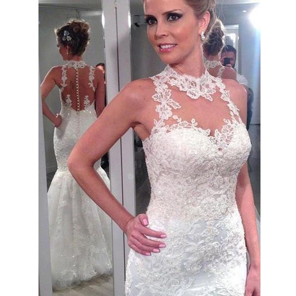 high neck sleeveless mermaid wedding dress off shoulder see through back appliques lace long bridal gowns vestidos de novia, White 
high neck sleeveless mermaid wedding dress off shoulder see through back appliques lace long bridal gowns vestidos de novia, White