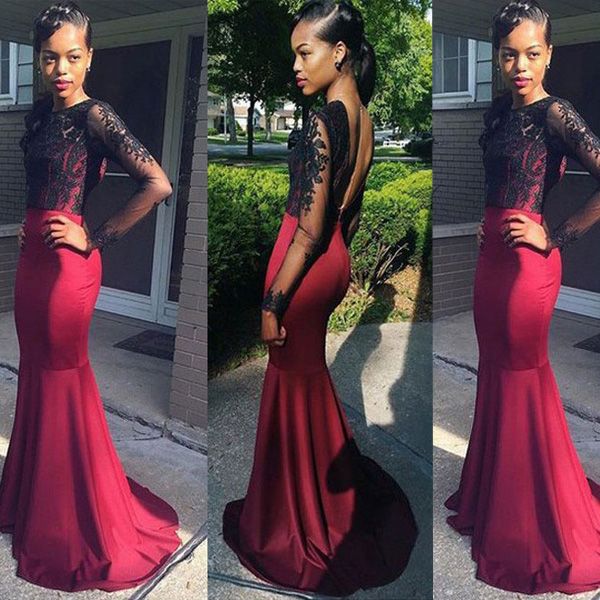 elegant burgundy prom dress mermaid style sheer lace appliques bateau neckline illusion long sleeves backless evening party gowns, Black
elegant burgundy prom dress mermaid style sheer lace appliques bateau neckline illusion long sleeves backless evening party gowns, Black