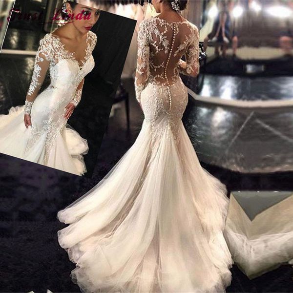 new fashion lace mermaid wedding dress vestidos de novia court train tulle bridal wedding gowns appliques long sleeves dress, White
new fashion lace mermaid wedding dress vestidos de novia court train tulle bridal wedding gowns appliques long sleeves dress, White