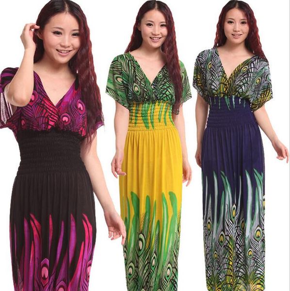 2016 summer new bohemian peacock deep v-neck bat short-sleeved big yards long section of beach dress, Black;gray
2016 summer new bohemian peacock deep v-neck bat short-sleeved big yards long section of beach dress, Black;gray