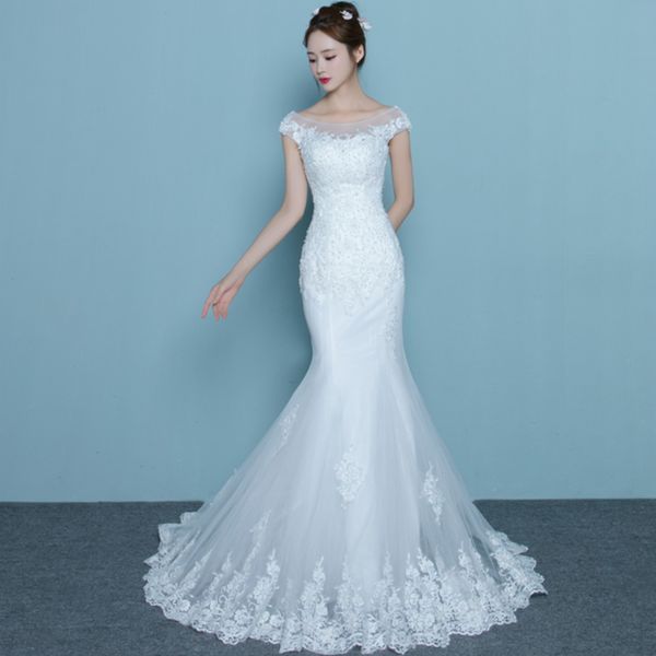 short sleeves lace tulle mermaid wedding dress with scoop neck 2018 romantic bridal gowns lace up, White
short sleeves lace tulle mermaid wedding dress with scoop neck 2018 romantic bridal gowns lace up, White
