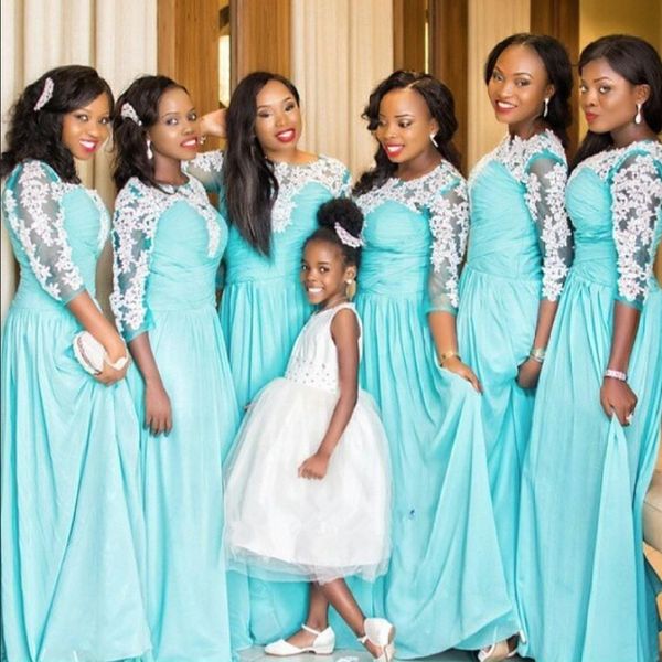 2019 long bridesmaid dress 3/4 sleeve light blue chiffon white lace floor length girls party gowns custom made, White;pink
2019 long bridesmaid dress 3/4 sleeve light blue chiffon white lace floor length girls party gowns custom made, White;pink