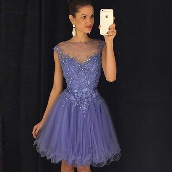 2017 lavender short homecoming dresses sheer neck cap sleeves appliques beaded tulle knee length short prom dresses cocktail dresses, Blue;pink
2017 lavender short homecoming dresses sheer neck cap sleeves appliques beaded tulle knee length short prom dresses cocktail dresses, Blue;pink