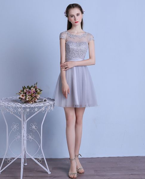 short sleeves tulle short cocktail dresses with lace appliques lace up 2017 scoop neck party dress elegant, Black
short sleeves tulle short cocktail dresses with lace appliques lace up 2017 scoop neck party dress elegant, Black