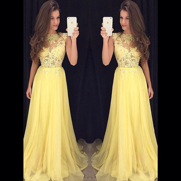 2017 long yellow prom dresses new style modest formal appliqued lace party dresses o neck floor length chiffon evening gowns, Black
2017 long yellow prom dresses new style modest formal appliqued lace party dresses o neck floor length chiffon evening gowns, Black