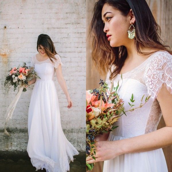 popular beach country wedding dress bohemian lace chiffon boho bridal gowns sheer scoop neck backless illusion short sleeves, White
popular beach country wedding dress bohemian lace chiffon boho bridal gowns sheer scoop neck backless illusion short sleeves, White