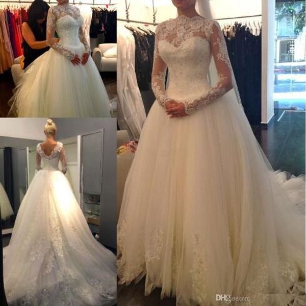 new sheer lace long sleeves backless a-line wedding dresses high neck tulle applique crystal court train sweetheart bridal gowns bd022, White
new sheer lace long sleeves backless a-line wedding dresses high neck tulle applique crystal court train sweetheart bridal gowns bd022, White